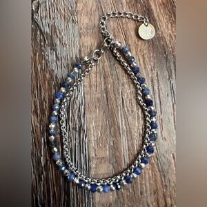 Rustic Cuff Blue Faceted Bead and Silver Chain Bracelet